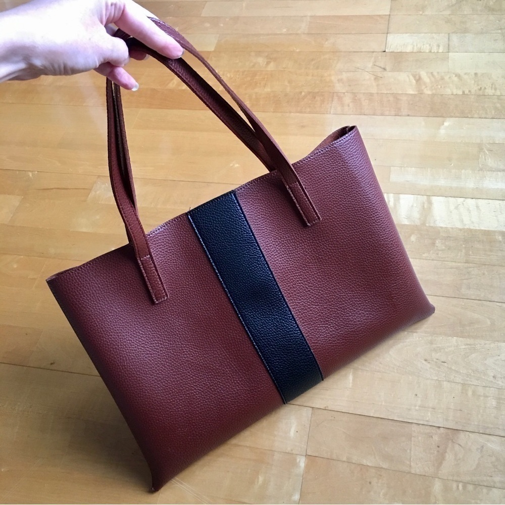 Vince Camuto Brown Pebble Vegan Faux Leather Shoulder Tote, Black Stripe